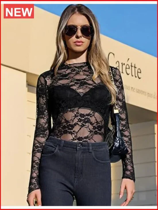 Long Sleeve Lace Top Sheer Mesh T-Shirt Y2K Style - Picture 2 of 6